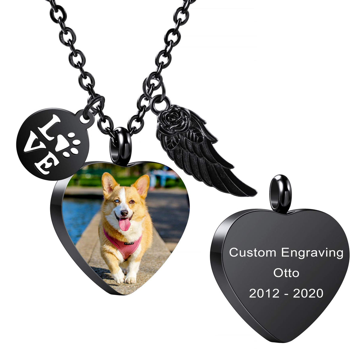 MeMeDIY Personalized Heart Paw Print Ashes Urn Pendant Necklace Custom Name/Photo/Date for Women Men Stainless Steel Memorial Dog Cat Pet Keepsake with Keyring Funnel Fill Kit Angel Wing