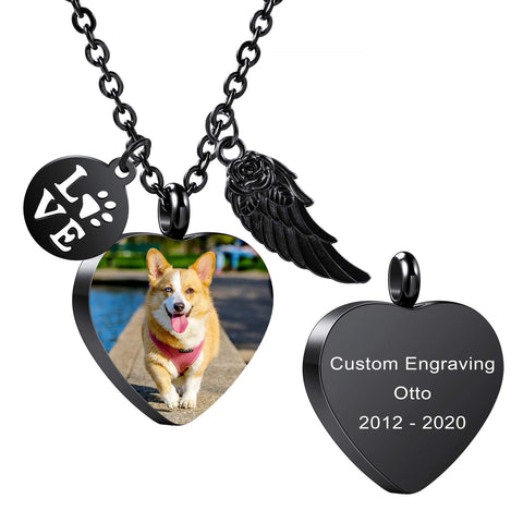 MeMeDIY Personalized Heart Paw Print Ashes Urn Pendant Necklace Custom Name/Photo/Date for Women Men Stainless Steel Memorial Dog Cat Pet Keepsake with Keyring Funnel Fill Kit Angel Wing