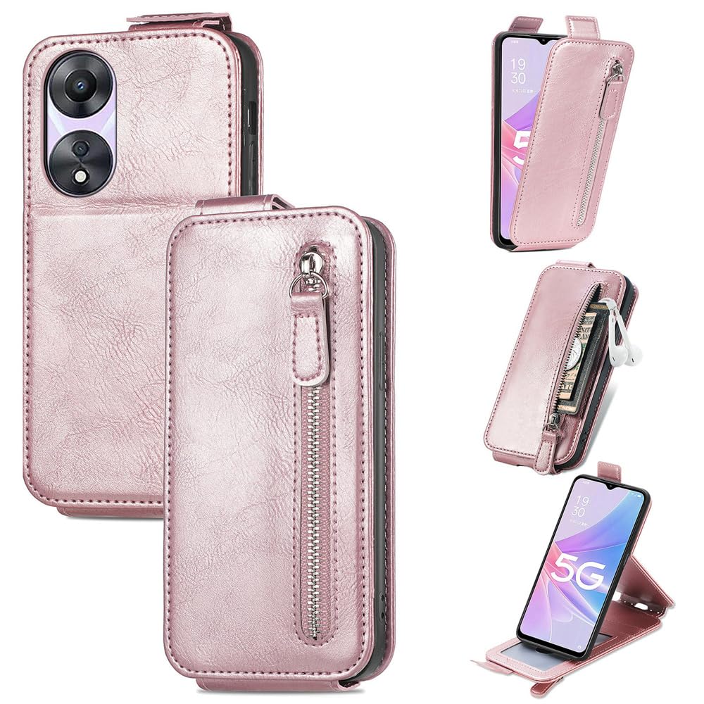 Simplicity Fashion Zipper Wallet Phone Shell Compatible with Oppo A78 A 78 CPH2495 5G Phone Case Solid Color Stand Holder Anti-Fall Phone Cover (Rose Gold,Oppo A78 5G)