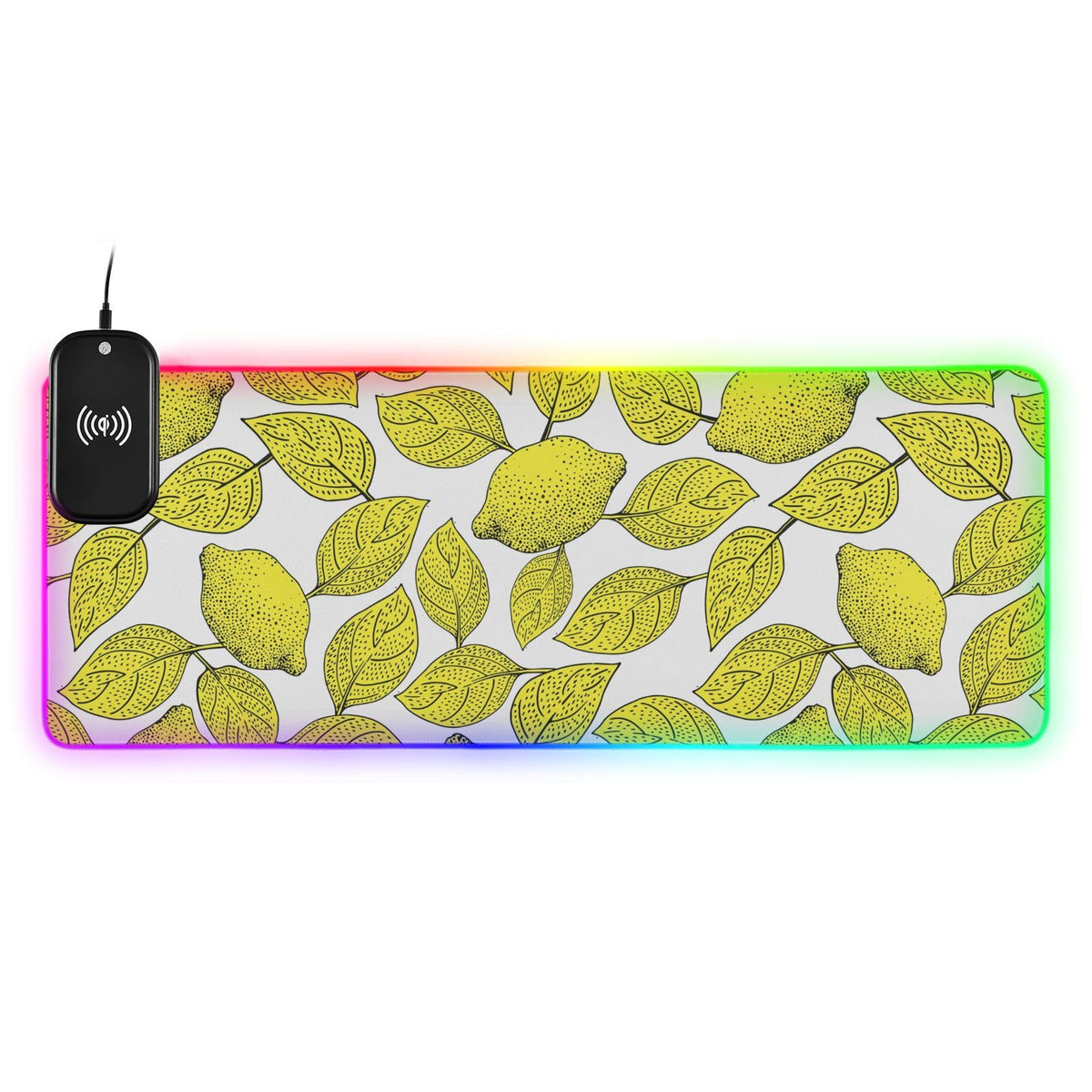 Floral Lemon Fruits Leaves Wireless Charging Mouse Pad for Mobile Phone Extra Large Gaming Mousepad with 13 Lighting Modes Computer Mat for Gaming MacBook PC Laptop Desk Office Home