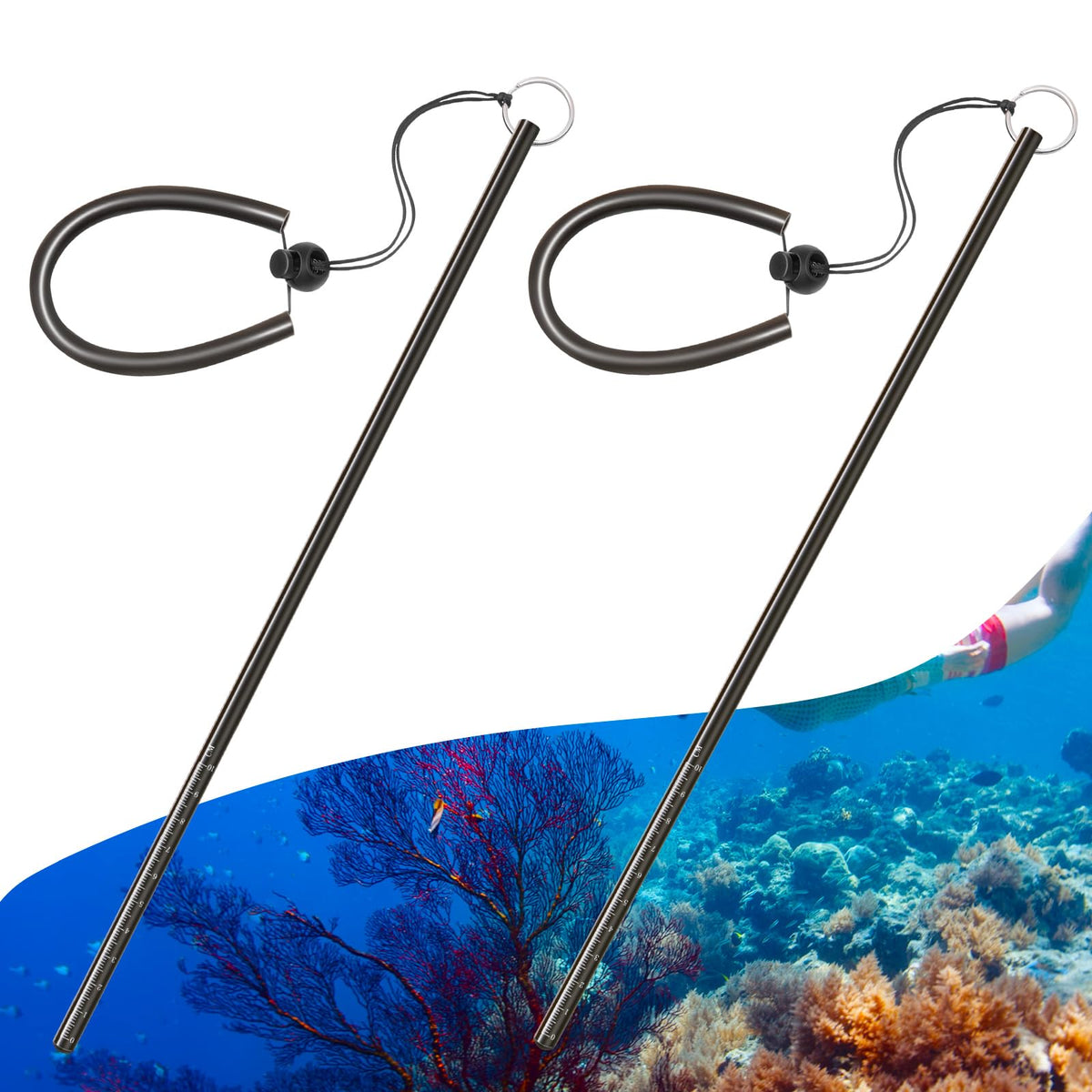 Gemscream 2 Pcs Scuba Diving Stick 13.8" Aluminum Alloy Lobster Stick with Measurement Adjustable Lanyard Dive Noise Maker Scuba Dive Accessories Diving Safety Gear Pointer Rod (Black)