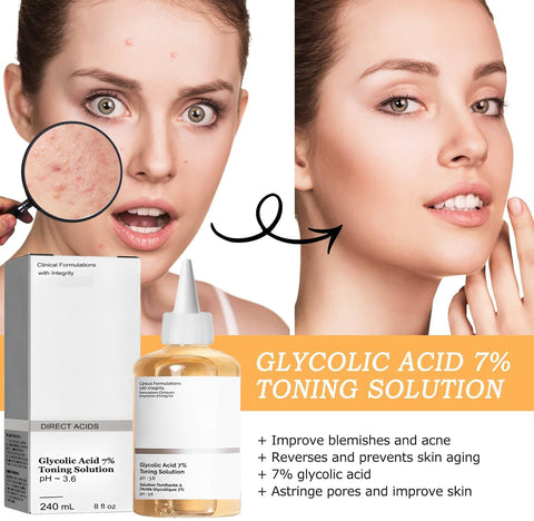 Generic 2pcs X 240ML 8fl.oz Glycolic Acid 7% Toning Resurfacing Solution,Exfoliate,and Rejuvenate Your Skin, Hydrate,Solution for Blemishes and Acne