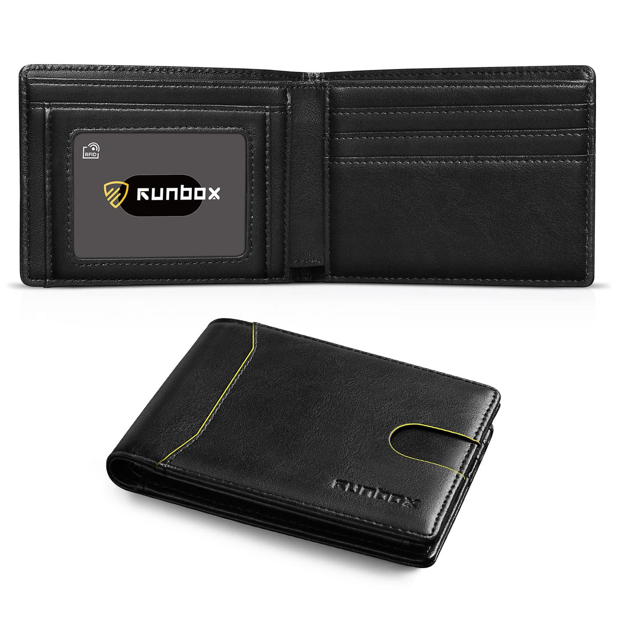 RUNBOX Mens Slim Wallets for Men Front Pocket Leather Bifold Wallet RFID Blocking with Gift Box Black and Golden Edge