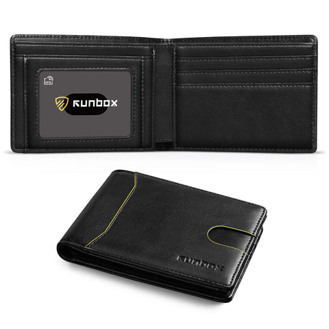 RUNBOX Mens Slim Wallets for Men Front Pocket Leather Bifold Wallet RFID Blocking with Gift Box Black and Golden Edge