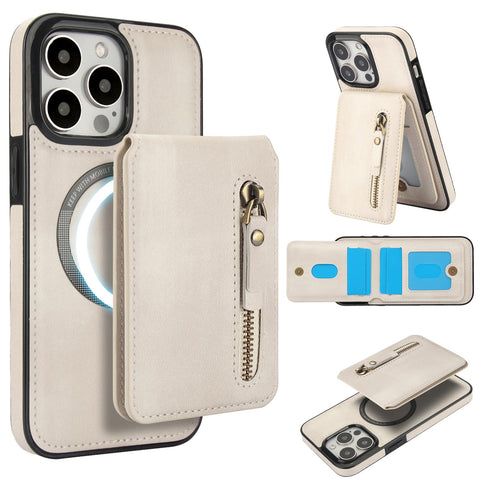 XIMAND for iPhone 16 Pro Max Case with 2 in 1 Detachable Magnetic Wallet, 4 Card Slots and Zipper Pocket,Compatible with MagSafe, RFlD Blocking Premium PU Leather Wireless Charging-White