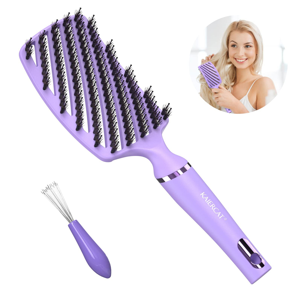 Kaiercat Hair Brush, Boar Bristle Brush Detangling Thick Vented Hairbrush For Faster Drying, Natural Bristles Oil Distribution Detangle Blow Dry Brushes - Purple