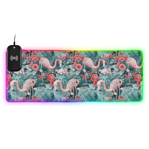 Flamingos Pink Flowers Wireless Charging Mouse Pad for Mobile Phone Extra Large Gaming Mousepad with 13 Lighting Modes Computer Mat for Gaming MacBook PC Laptop Desk Home Office