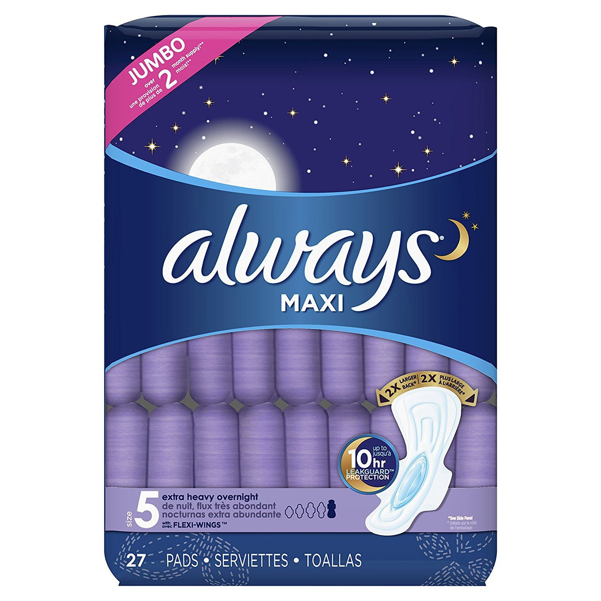 ALWAYS Maxi Size 5 Extra Heavy Overnight Pads With Wings Unscented, 27 Count