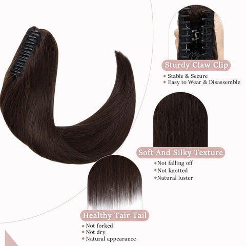 SEGOHAIR Claw Clip Ponytail Hair Extensions Human Hair, 16 Inch Ponytail Extension Natural Real Hair Straight Remy Hair Extensions-Darkest Brown(115g?