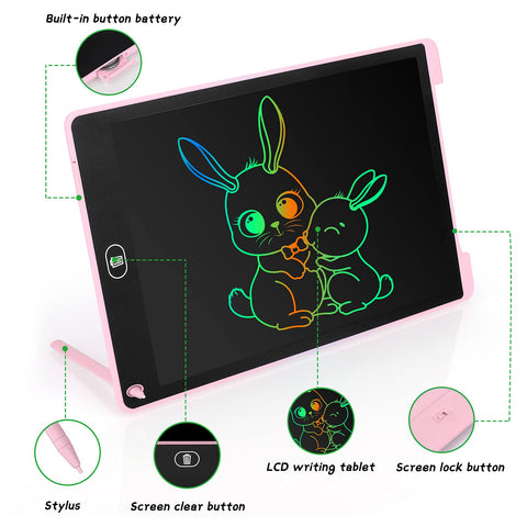 Coolzon LCD Drawing Tablet for Kids, 12 Inch Colourful Writing Pad Toddler Toys Erasable Doodle & Drawing Pad Writing Tablet Kids Travel Games for 2 3 4 5 6 7 Year Old Boys Girls (Pink)