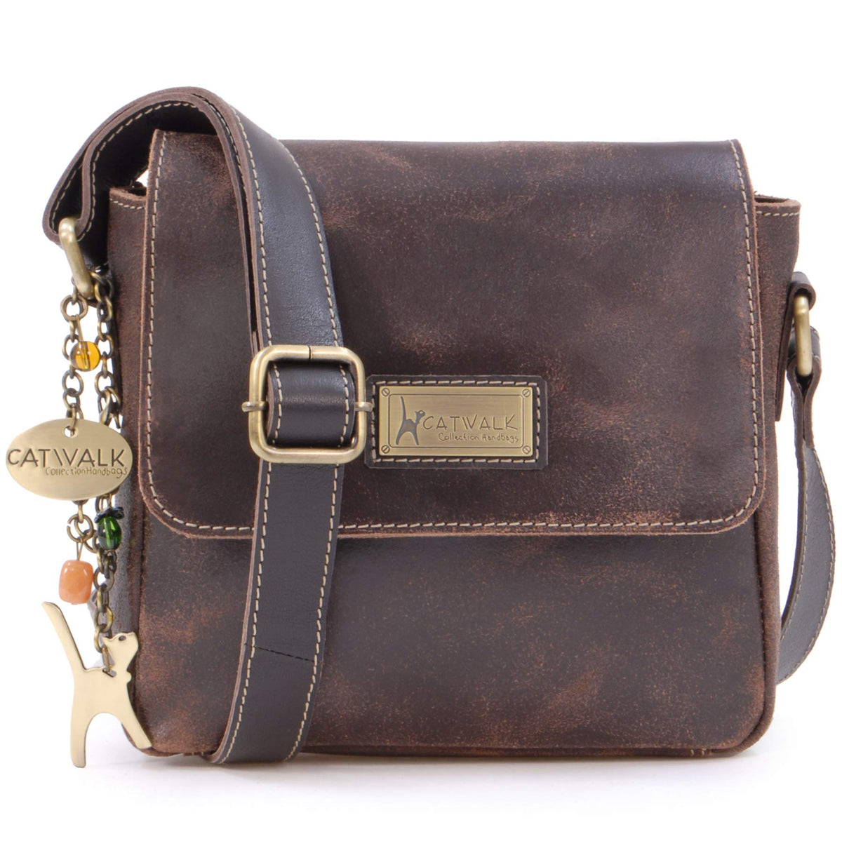 Catwalk Collection Handbags - Ladies Small Distressed Leather Cross Body Bag - Women's Messenger Organiser Work Bag - iPhone/Smartphone - SABINE S - Brown