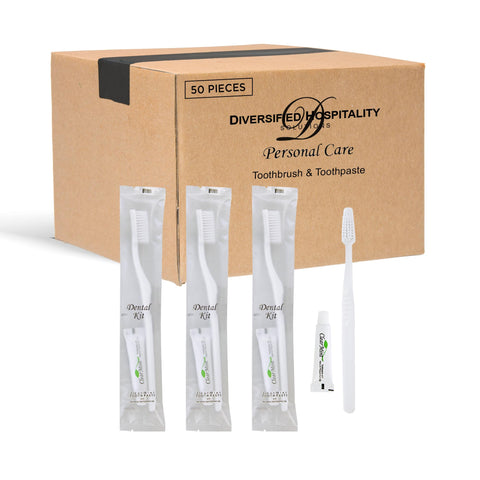 1-Shoppe All-in-Kit | Bulk Disposable Hotel Toothbrush with Toothpaste Dental Kit | Hotels and Vacation Rentals | Individually Wrapped | (Case of 50)