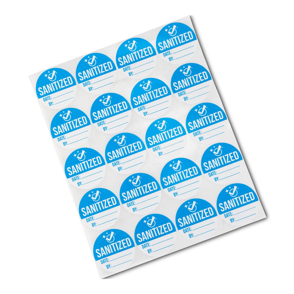 300 Labels - Sanitized by Labels 2 x 2 inch, Blue Write-in Sanized Checklist Labels for Maids/Car Rentals/House Rentals/Restaurants - 1 Roll