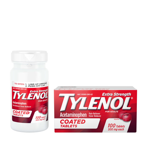 Tylenol Extra Strength Pain Relief Coated Tablets for Adults, 500mg Acetaminophen Pain Reliever and Fever Reducer per Tablet for Minor Aches, Pains, and Headaches, 100 ct