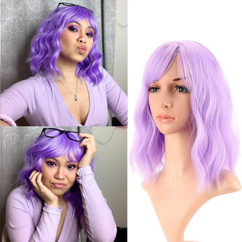 VCKOVCKO Natural Wavy Wig with Air Fringe Short Bob Wigs Shoulder Length Wigs Curly Wavy Synthetic Cosplay Wig Pastel Bob Wig for Girls Colourful (12 Inches, Purple)