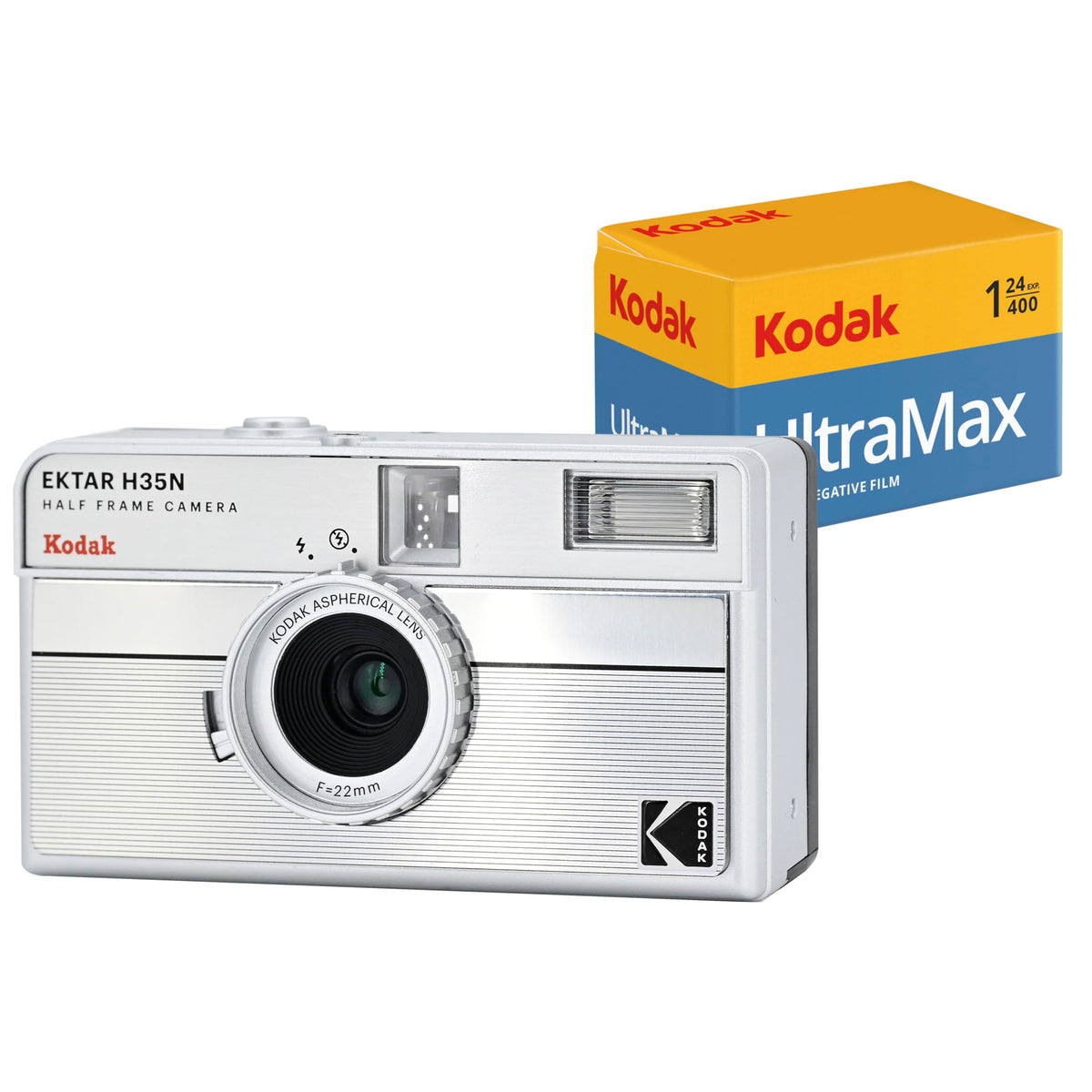 KODAK EKTAR H35N Half Frame Film Camera Bundle with Kodak Ultramax 400/24EXP 35mm Roll Film (Striped Silver, Bundle)