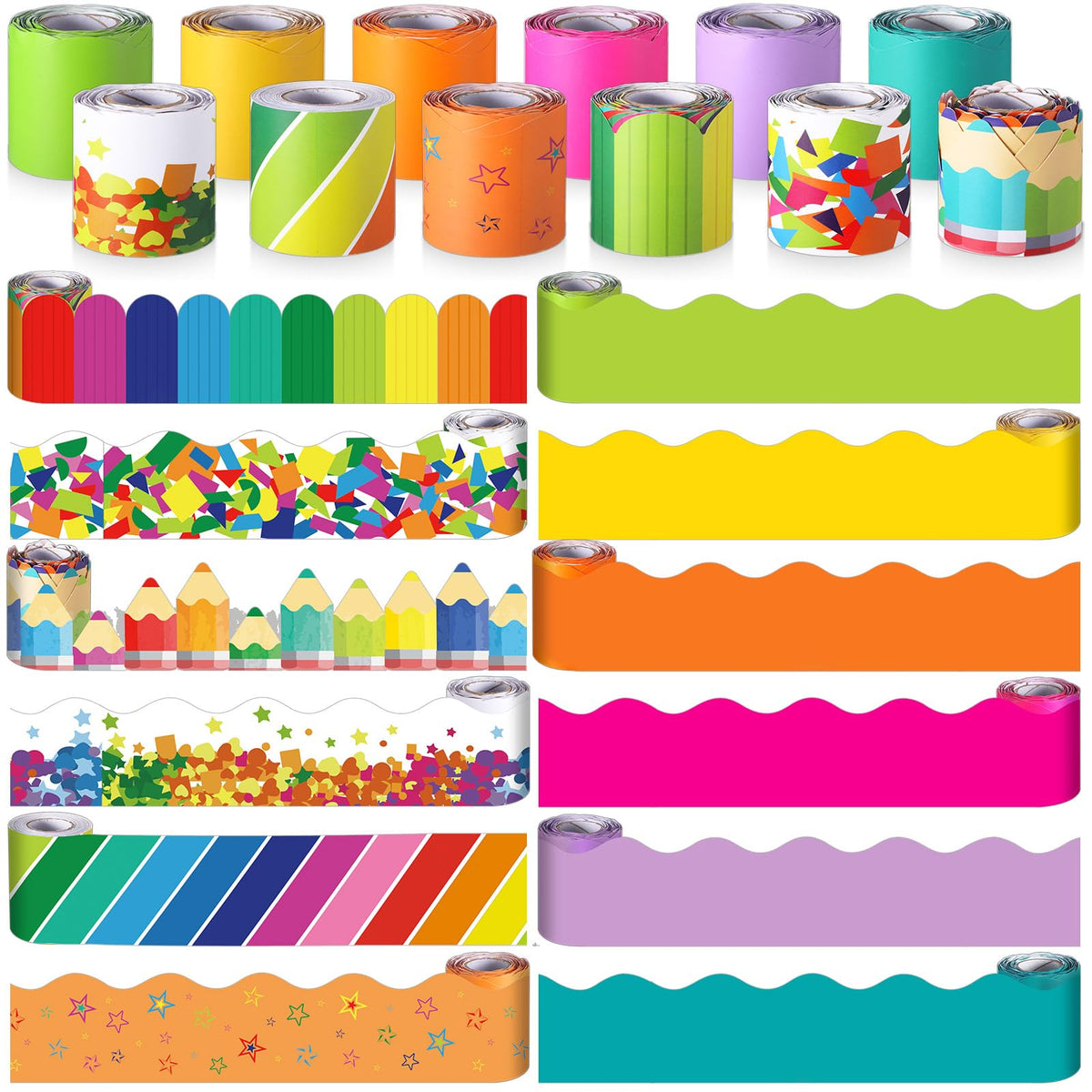 Qilery 12 Rolls 394 ft Classroom Border Sets for Bulletin Board, Bulletin Board Border Rolls Scalloped Bulletin Trim for Classroom Office Wall Desk Window Decoration(Fresh Style)