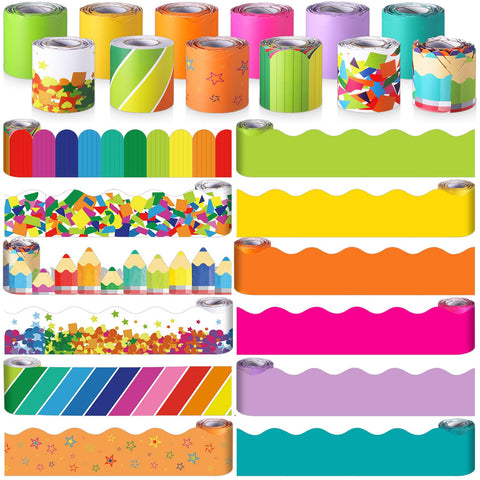 Qilery 12 Rolls 394 ft Classroom Border Sets for Bulletin Board, Bulletin Board Border Rolls Scalloped Bulletin Trim for Classroom Office Wall Desk Window Decoration(Fresh Style)