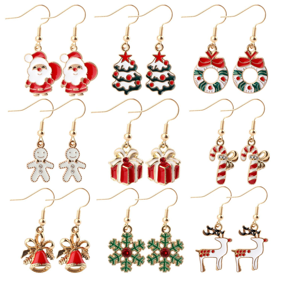 9 Pairs Christmas Earrings, Festive Holiday Earrings Christmas Elk Snowflake Tree Earrings Hook Earrings Christmas Jewelry Christmas Gifts for Women