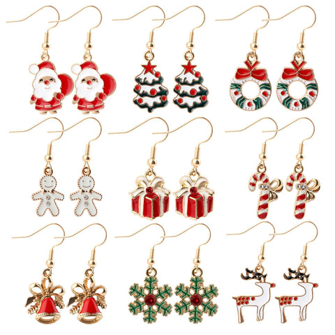 9 Pairs Christmas Earrings, Festive Holiday Earrings Christmas Elk Snowflake Tree Earrings Hook Earrings Christmas Jewelry Christmas Gifts for Women
