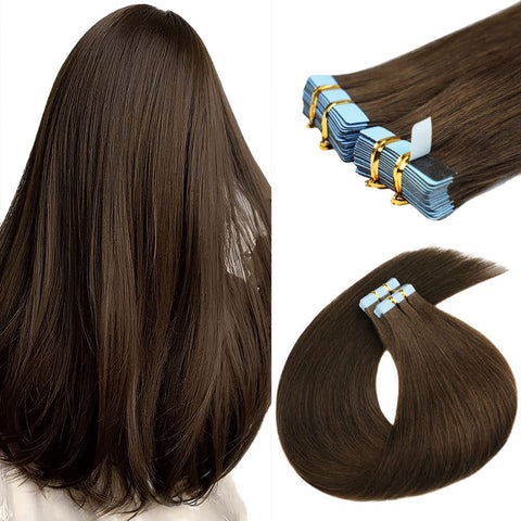 16 inch Tape in Hair Extensions Human Hair Invisible Straight Tape Hair Extensions for Women 20 Pcs/50g Seamless Skin Weft #4 Chocolate Brown Real Hair Extensions Tape ins Human Hair