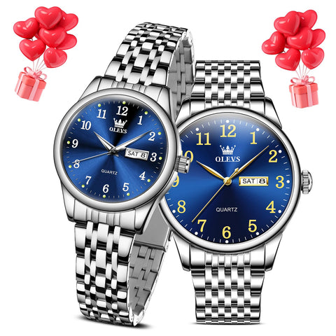 OLEVS Valentines Couple Pair Quartz Watches Calendar Date Business Dress Easy Read Luxury His and Hers Wristwatch Waterproof Casual Stainless Steel Lovers Wedding Watches