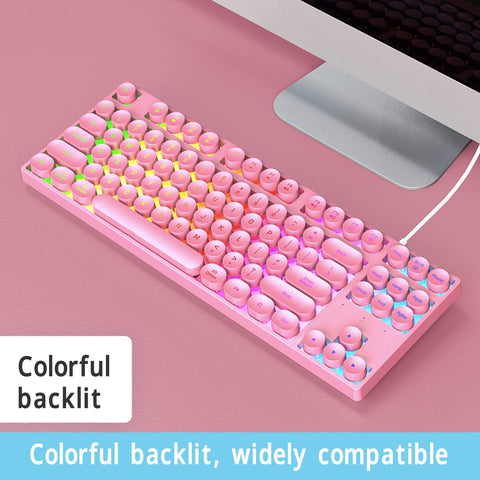 Mechanical Gaming Keyboard, USB Wired Punk Typewriter Style Light Up Keyboard, 87 Keys Round Keycaps Keyboard with Colorful Backlit, for Windows, Mac ()