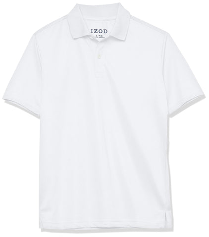 IZOD Boys' School Uniform Short Sleeve Polo Shirt, Button Closure, Moisture Wicking Performance Material, White, 14-16 Husky