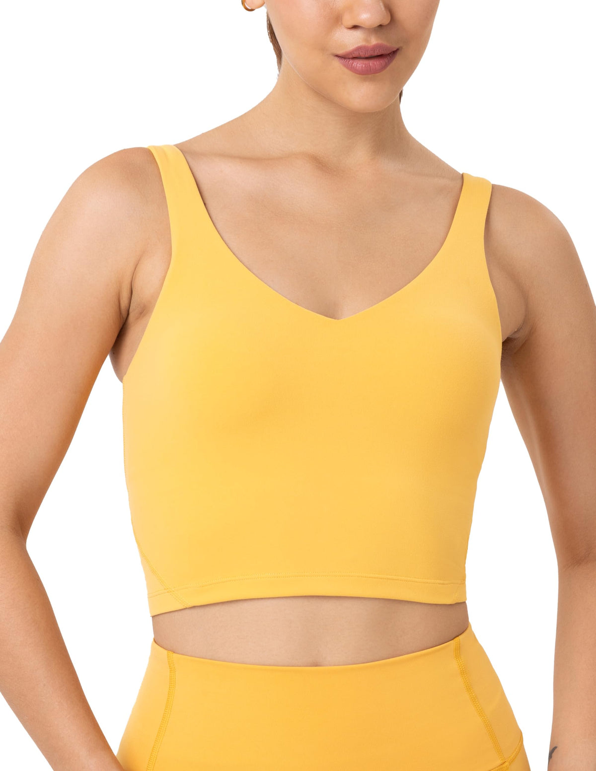 YUNOGA Longline Sports Bras for Women Cropped Tank Top with Built-in Bra Athletic Workout Yoga Bra Tops (S, Amber Yellow)