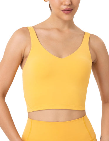 YUNOGA Longline Sports Bras for Women Cropped Tank Top with Built-in Bra Athletic Workout Yoga Bra Tops (S, Amber Yellow)