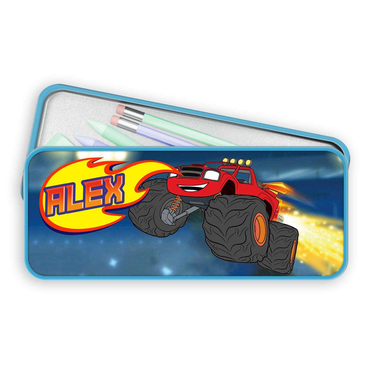 Print Maniacs Personalised Pencil Case Truck Blazing Monster Tin Kids Boys Girls Back to School Stationary Organizers Bag Any Name (Blue Case)