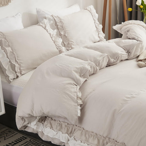 Herside Ruffle Duvet Cover King Boho Bedding 2 Layers White-Beige Grey Ruffle Design Shabby Chic Bedding Sets 1 Quilt Cover 2 Pillowcases