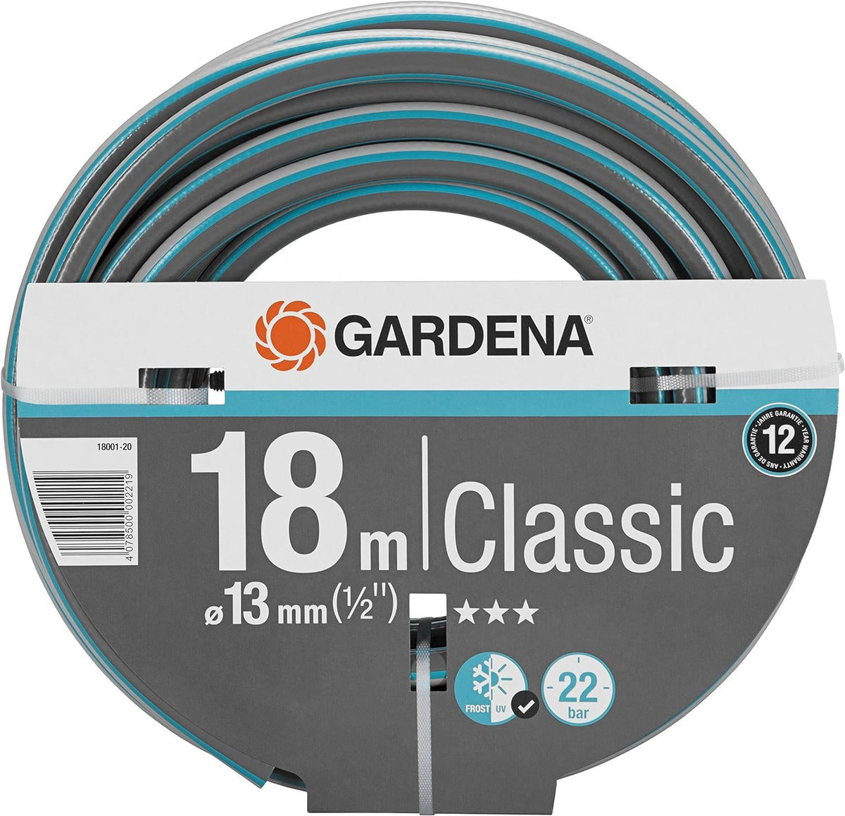 Gardena Classic Hose 13 mm (1/2 inch), 18 m: Universal Garden Hose Made of Sturdy Cross Fabric, 22 bar Bursting Pressure, UV and Frost-Resistant, Without System Parts (18001-20)