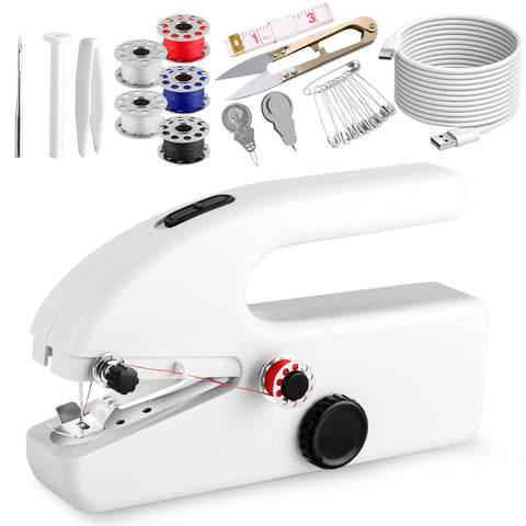 Upgraded Handheld Sewing Machine with 6.6 FT USB C Cable, Portable Mini Sewing Machine for Beginners, Quick Sewing Hand Sewing Machine for DIY, Fabrics, Clothes, Home and Travel (2 Power Modes)