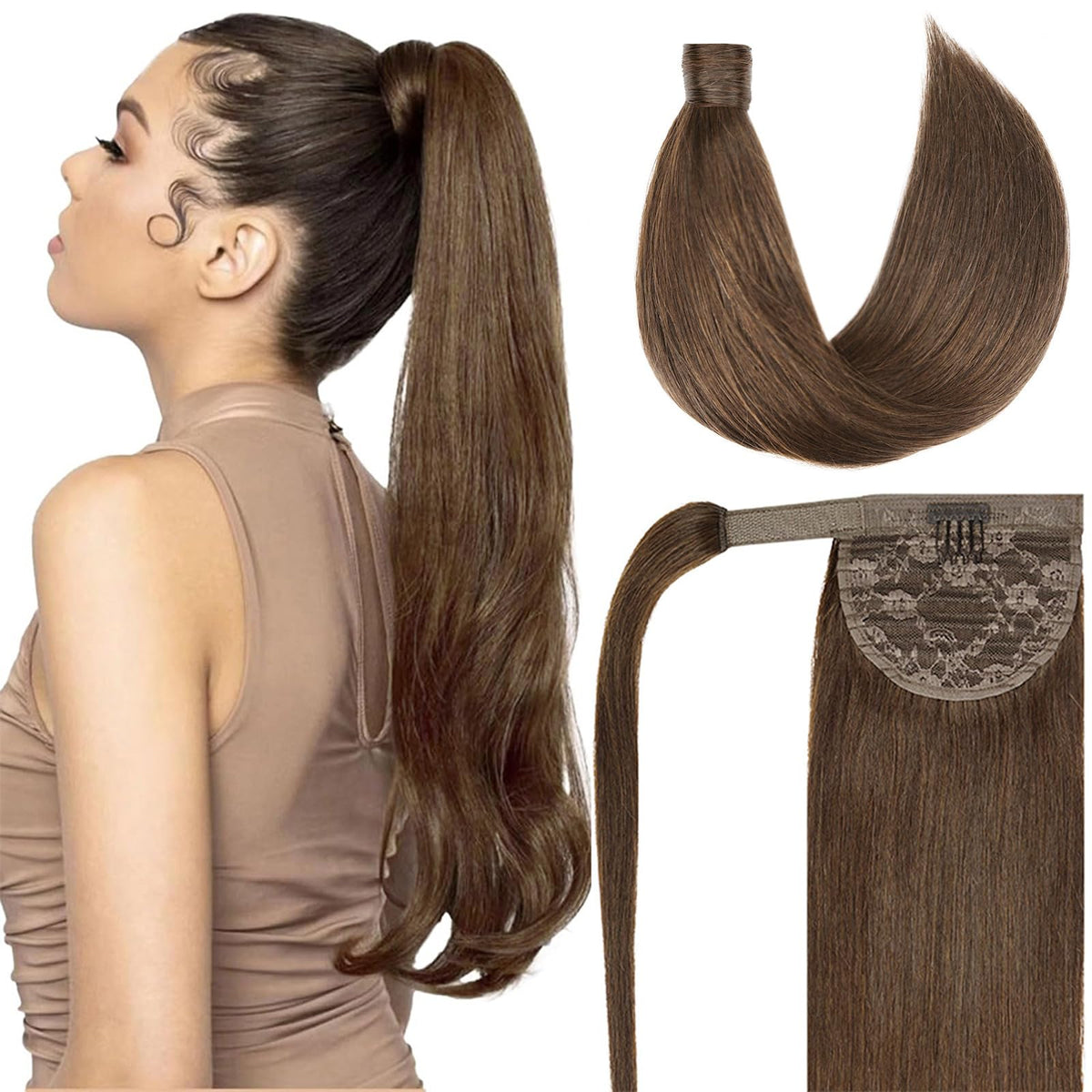 22" Human Hair Ponytail Extension 105g #4 Chocolate Brown 100% Remy Human Hair Wrap Around Long Ponytail Clip in Hair Extensions Straight One Piece Hairpiece for Women(22", Chocolate Brown)