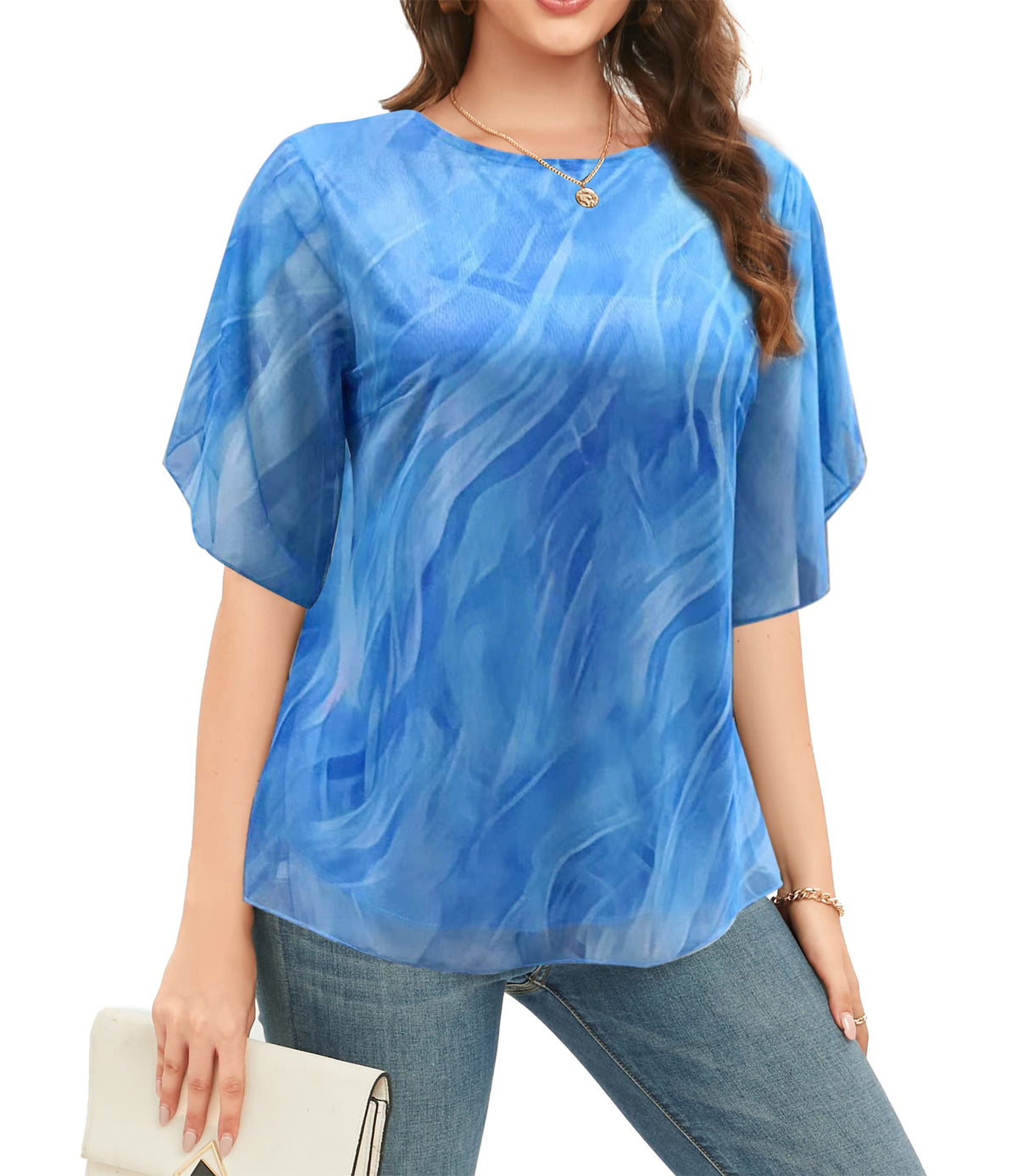 Oyamiki Women's Floral 3/4 Sleeve Blouses Shirts Double Layers Dressy Tunics Tops