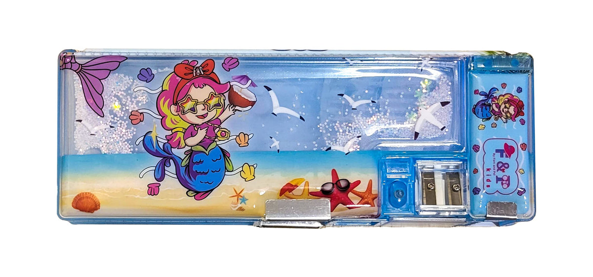 Fam and Pal F&P Kids I Blue Mermaid Pencil Case for Girls I Kids Stationery Box I Sparkly Magical Moving Sequins I Multifunctional Double Magnetic Flaps I Inbuilt Sharpeners I Eraser & Pencil Slots I