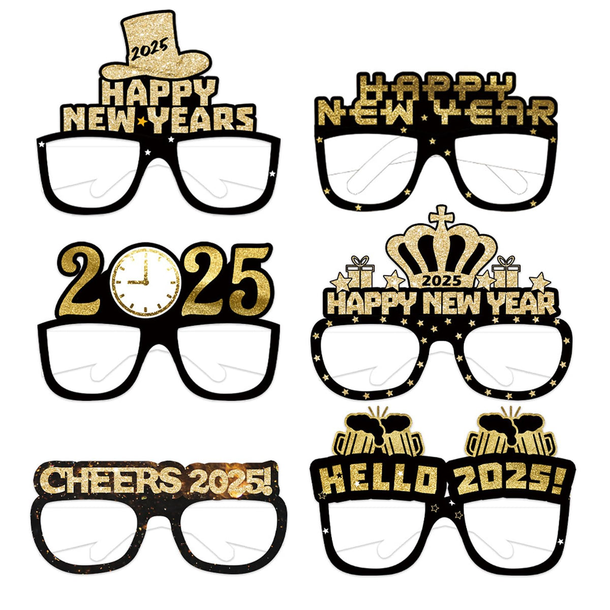 2025 New Year Party Accessories Paper Glasses, 2025 New Years Eve Decorations Glasses, Happy New Years Eve Party Photo Props Hello 2025 Novelty Paper Glasses Selfie Props Accessories (Pack of 6)