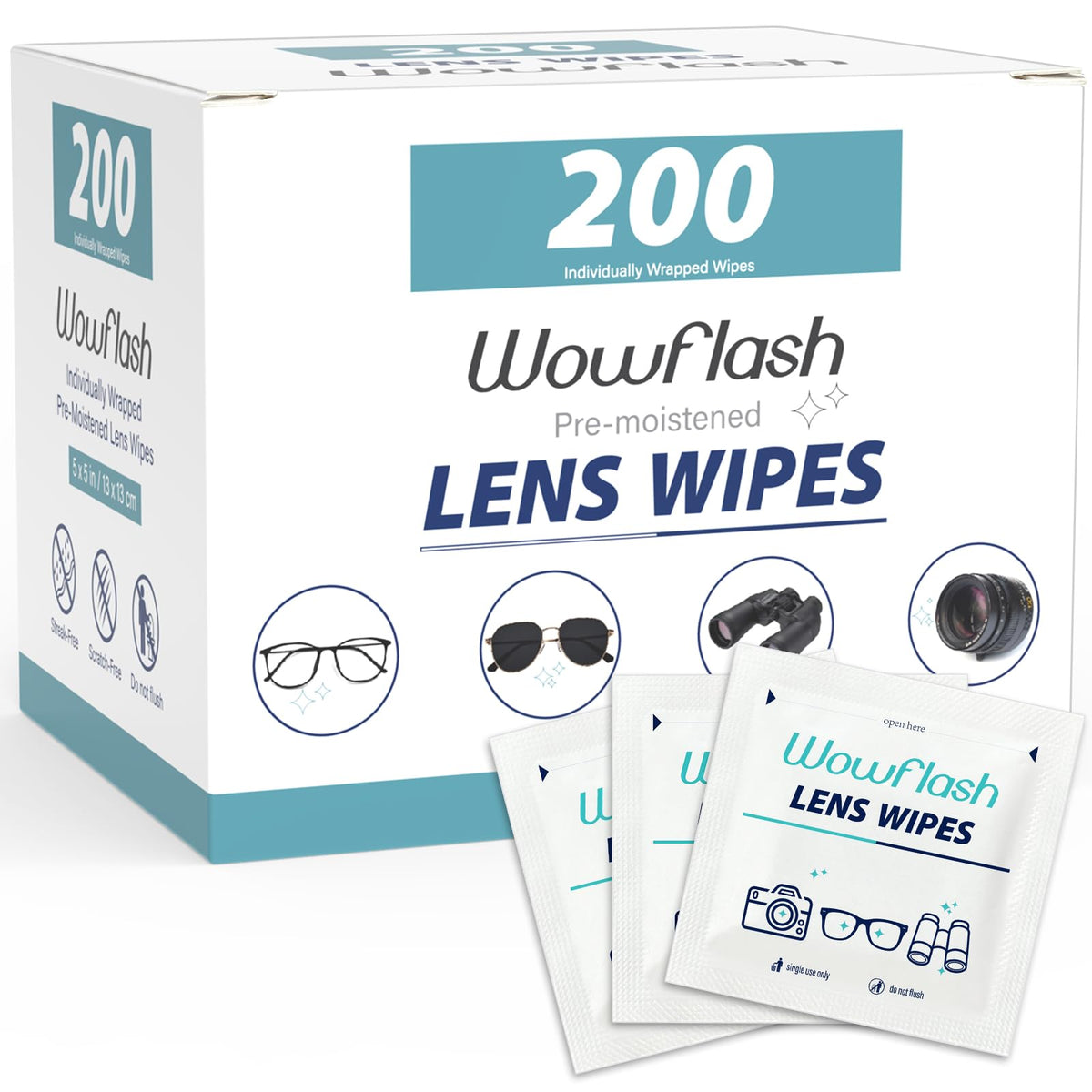 200 Count Lens Wipes for Eyeglasses, Eyeglass Lens Cleaning Wipes Pre-moistened Individually Wrapped Sracth-Free Streak-Free Eye Glasses Cleaner Wipes for Sunglass, Camera Lens, Goggles