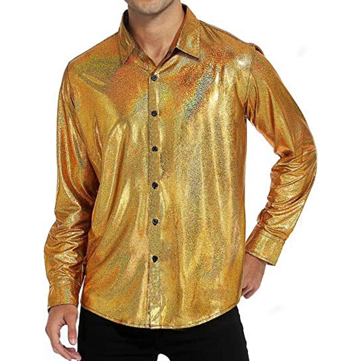 Remxi Mens 70s Disco Button Down Shirt Outfit Metallic Sequin Long Sleeve Party Novelty Shirts Nightclub Costume Tops Gold L