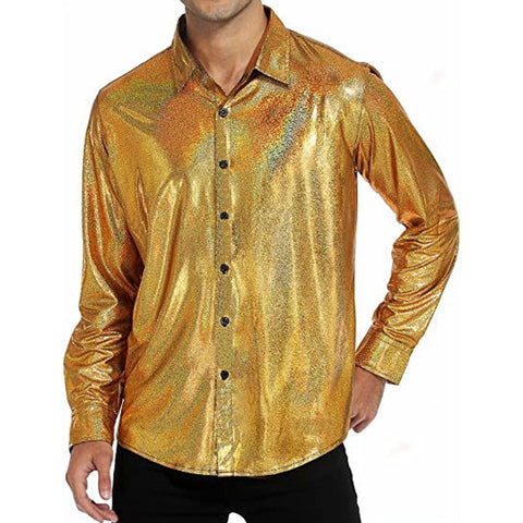 Remxi Mens 70s Disco Button Down Shirt Outfit Metallic Sequin Long Sleeve Party Novelty Shirts Nightclub Costume Tops Gold L