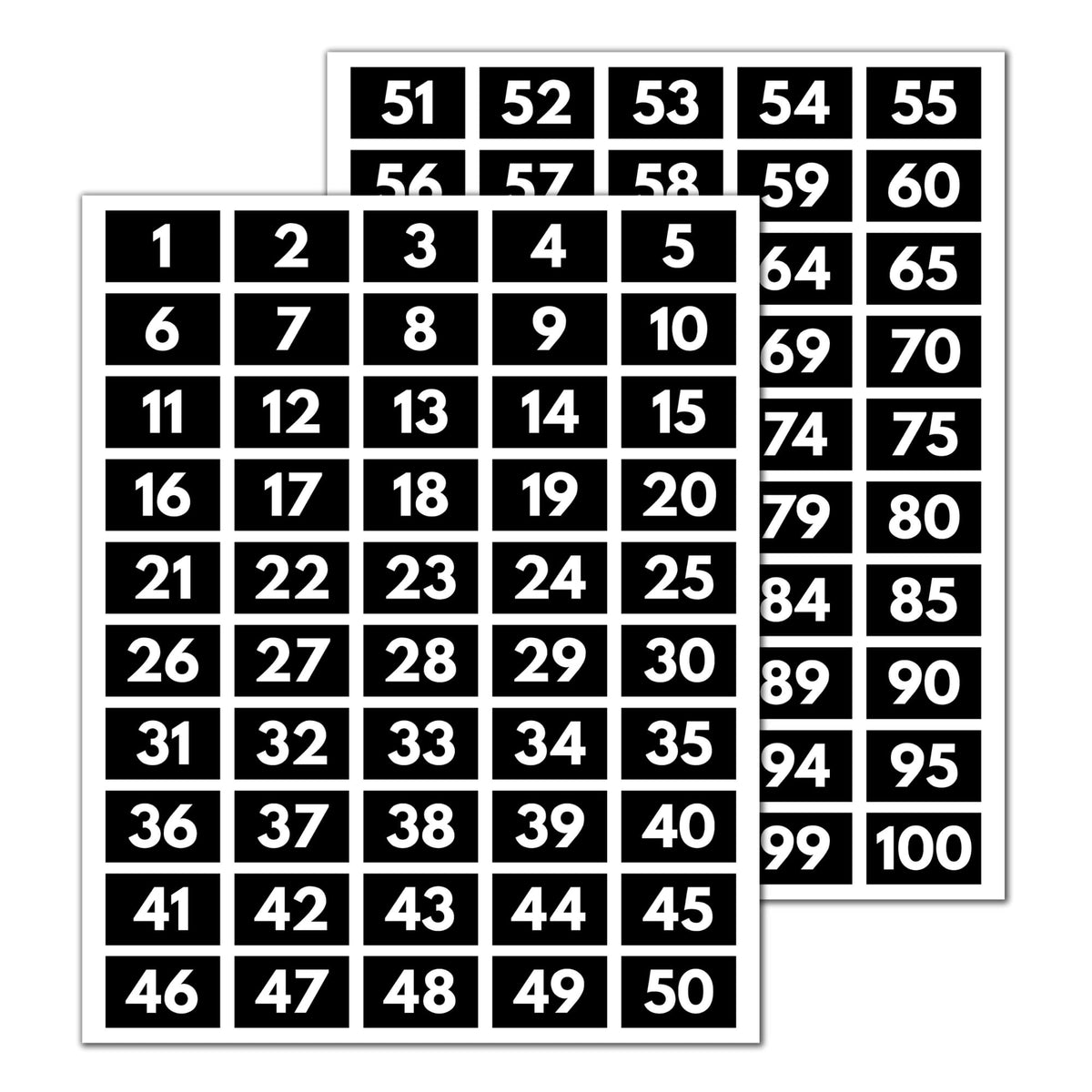 5 Sets, 1-100 Number Stickers Waterproof Vinyl - 1.5" x 1", White Numbers