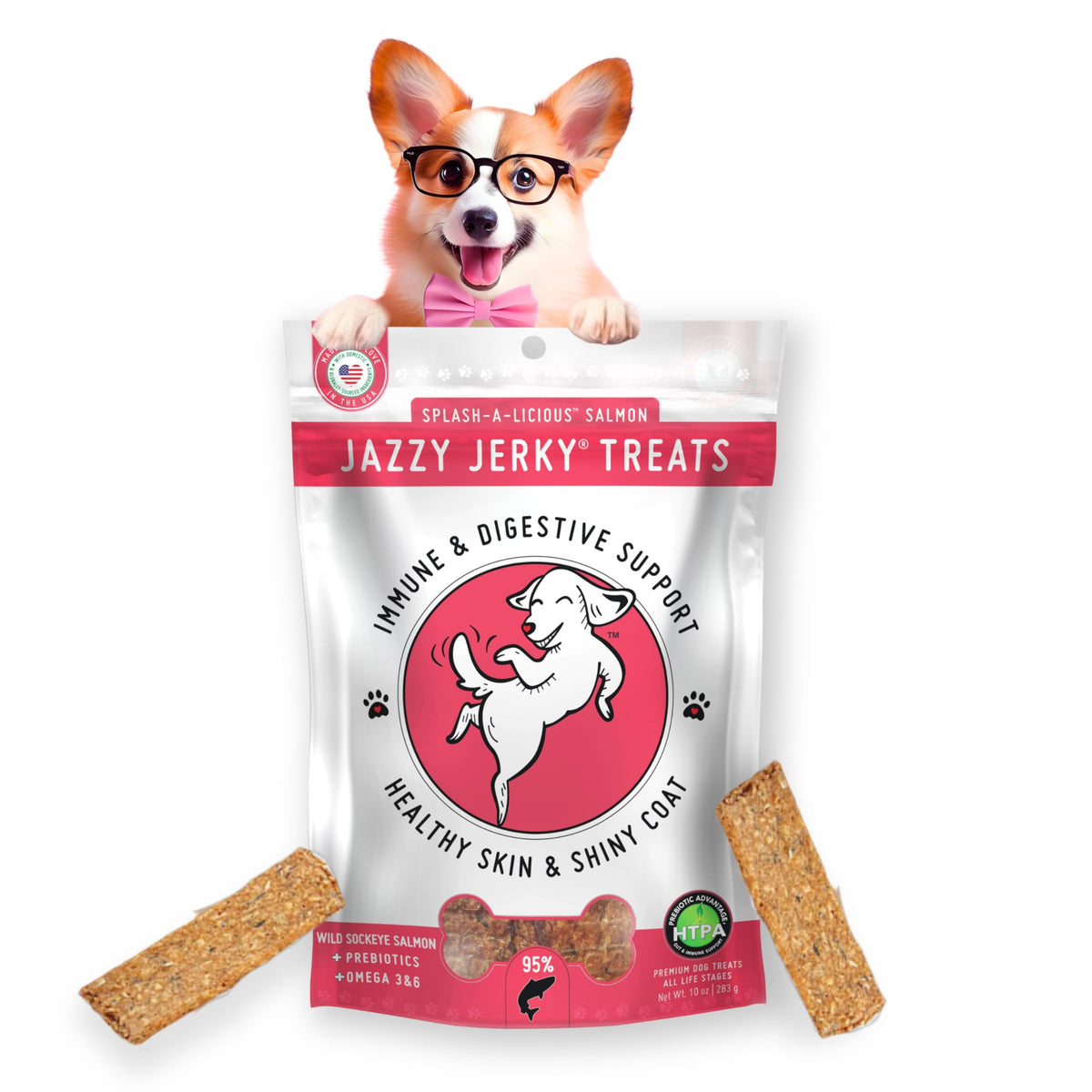 HappyTails Canine Wellness Jazzy Jerky Treats Splash-A-Licious Salmon with Prebiotics for Gut & Immune Health, Omega 3s & 6s for Skin & Coat Health, Made in The USA, Small-Large Dogs, 5 oz