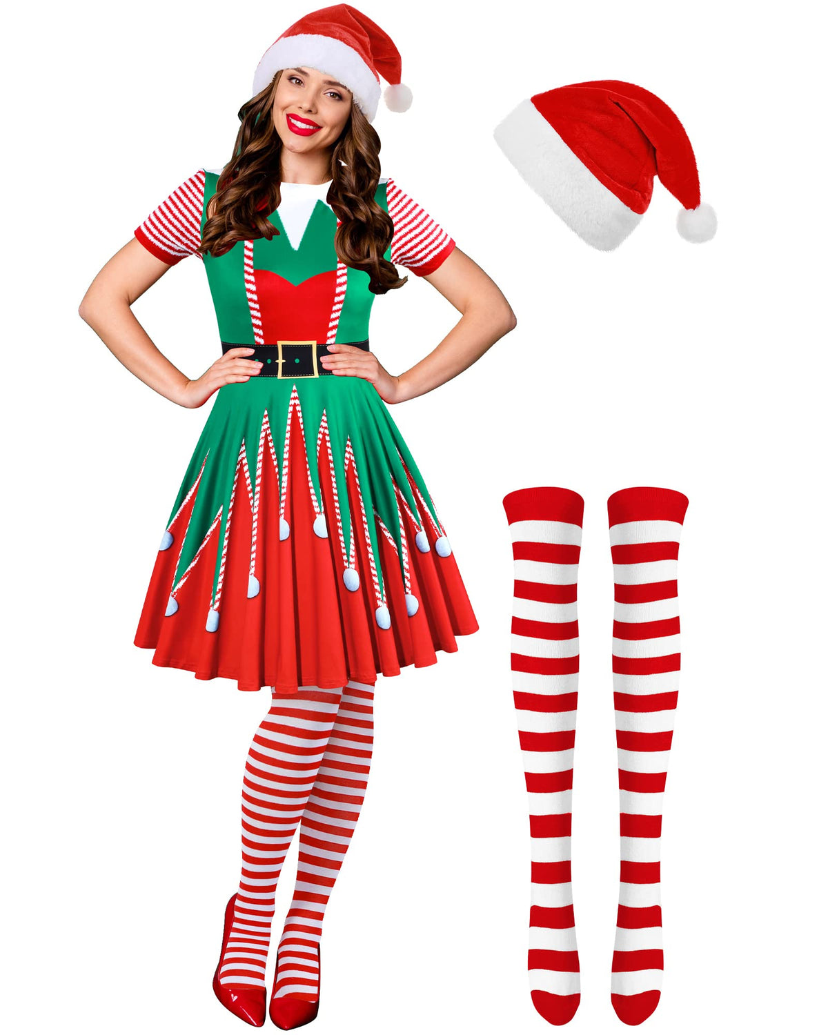 3 Pcs Christmas Elf Costume Set Womens Short Sleeve Christmas Dress Striped Thigh High Socks Santa Hat for Xmas Party (L)