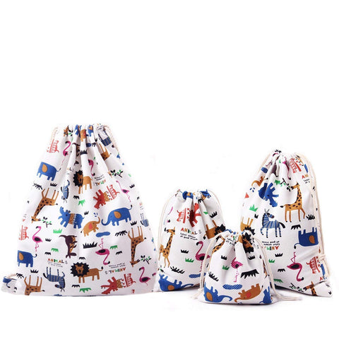 Amoyie Canvas Drawstring Bag Set 4 pcs - 1 Bakcpack and 3 Drawstring Pouch - Animal