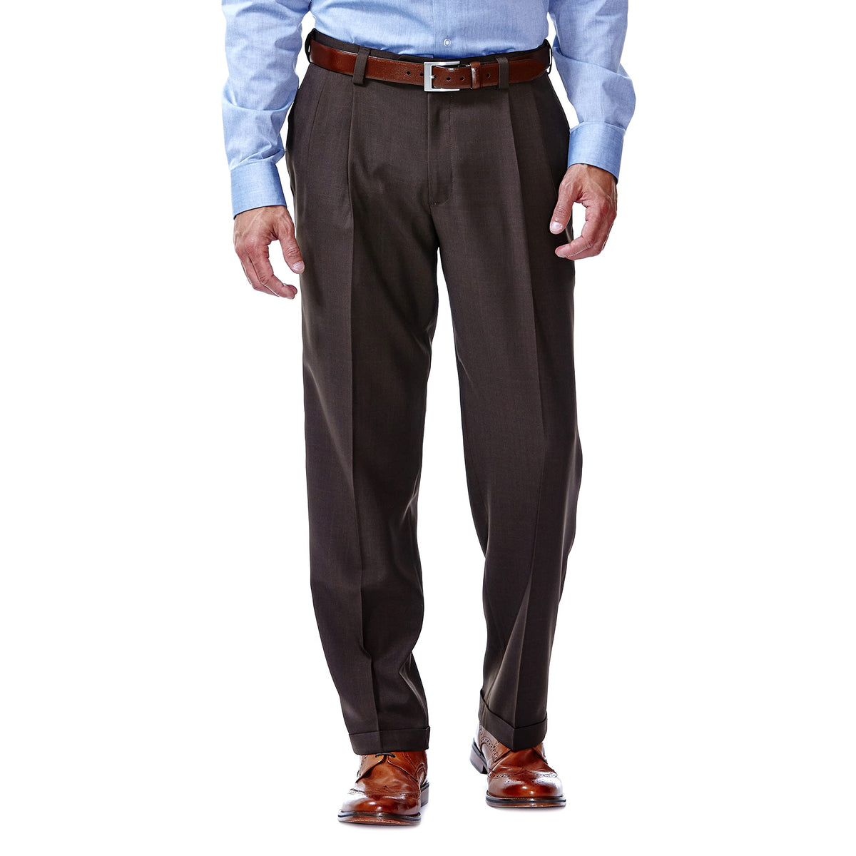 Haggar mens Eclo Stria Expandable-waist Pleat-front dress pants, Brown, 42W x 30L US