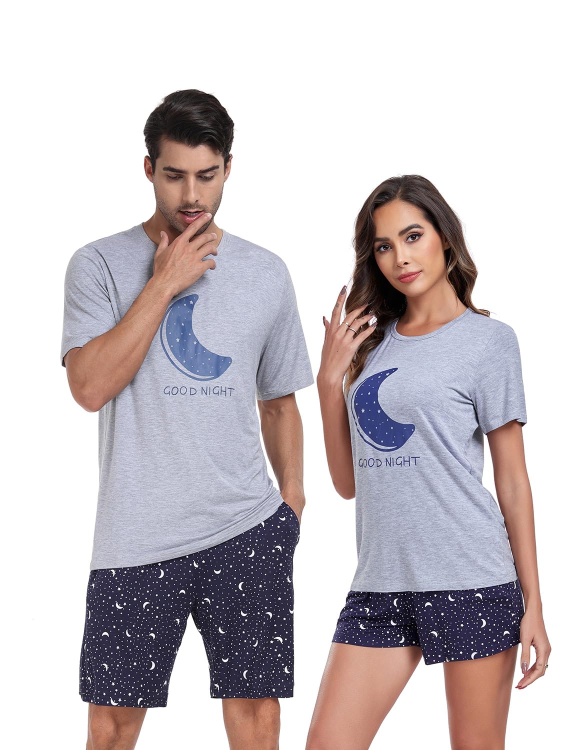 EISHOPEER Women's Cute Short Pajama Set Moon and Star Print Shorts Sleepwear Pjs Sets Light Gray Small
