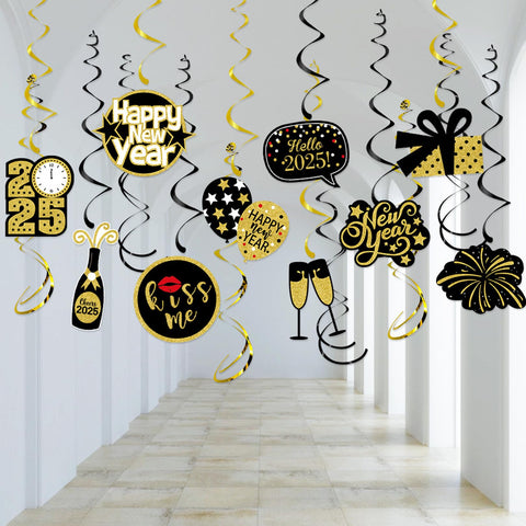 New Years Eve Decorations 2025 Hanging Swirls, Happy New Year 2025 Decorations Black Gold Swirl Streamers Cheers 2025 New Years Eve Party Home Room Ceiling Window Door Shop Mall Decorations