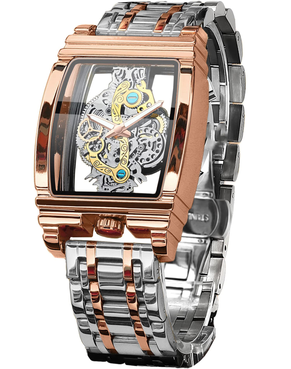 FORSINING Men's Luxury Hollow Skeleton Watch Retro Gorgeous Gear Carving Design Rectangle Tonneau Large Dial Leather Belt & Stainless Steel Band Quartz Wristwatch Not Mechanical Watches, Rose Gold