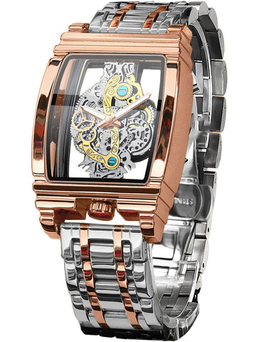 FORSINING Men's Luxury Hollow Skeleton Watch Retro Gorgeous Gear Carving Design Rectangle Tonneau Large Dial Leather Belt & Stainless Steel Band Quartz Wristwatch Not Mechanical Watches, Rose Gold